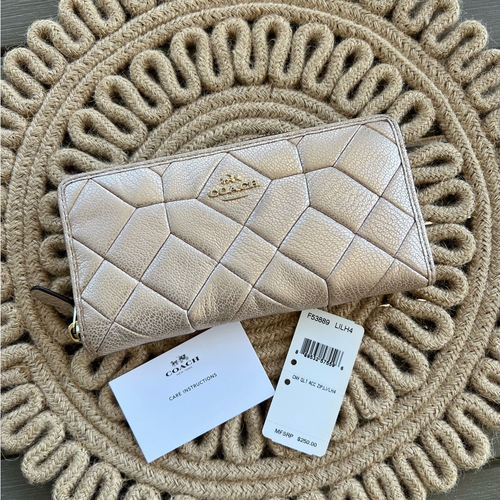 Coach Accordion Zip Quilted Metallic Gold Wallet